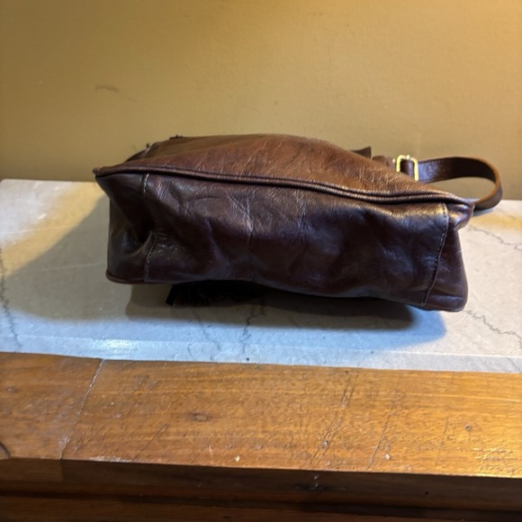 Hand Tooled Brown Leather Small Messenger Crossbody Bag Fringe boho Y2K Vintage - Picture 7 of 14